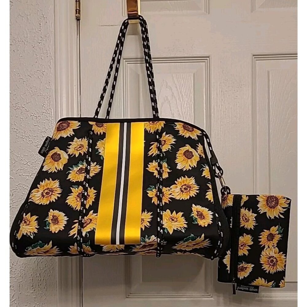 Simply Southern Large Purse Tote Bag Wallet Sunflower Yellow Black Neoprene Beac